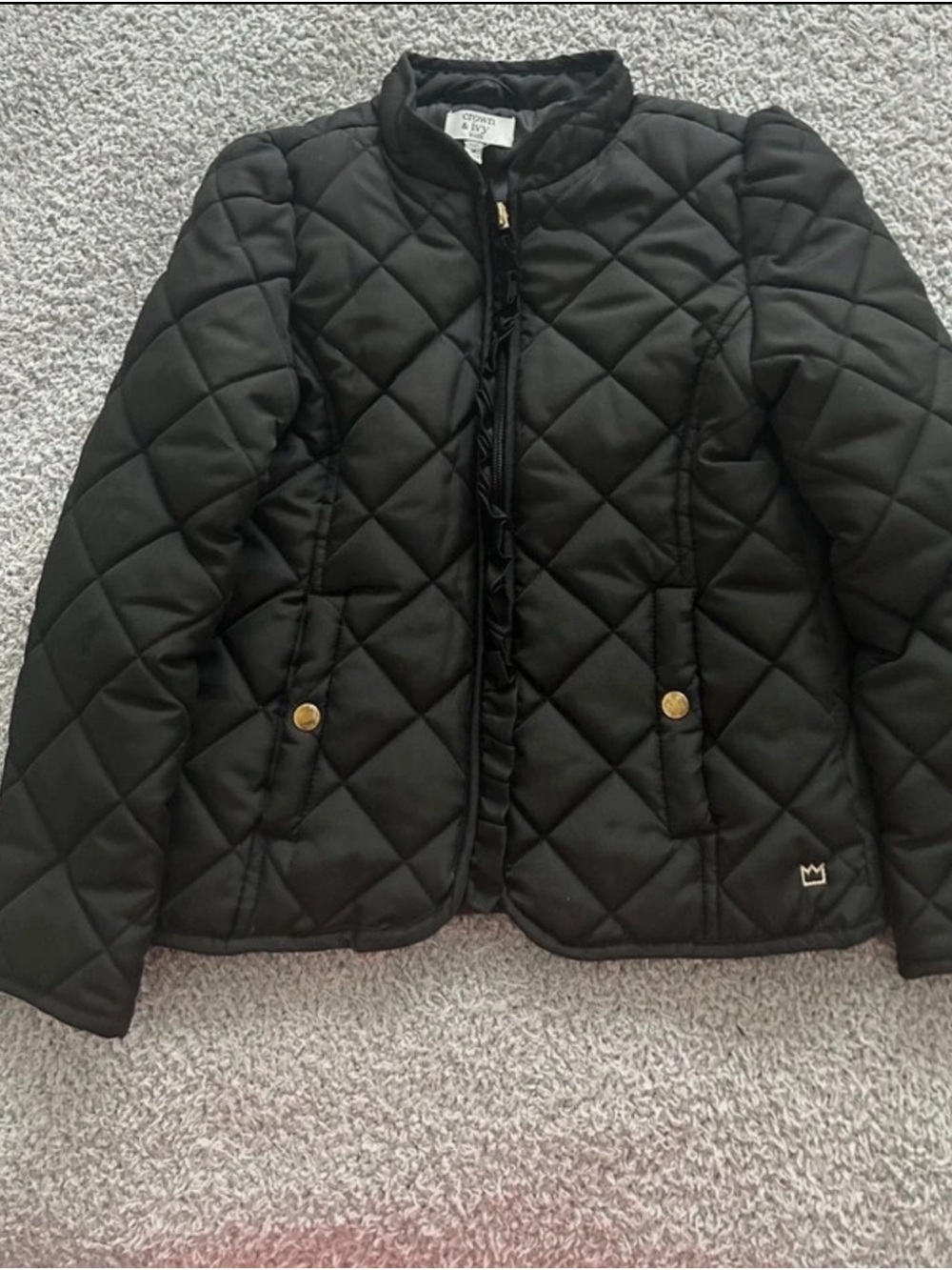 Crown & Ivy Black Quilted Puffer Jacket with Gold Buttons
